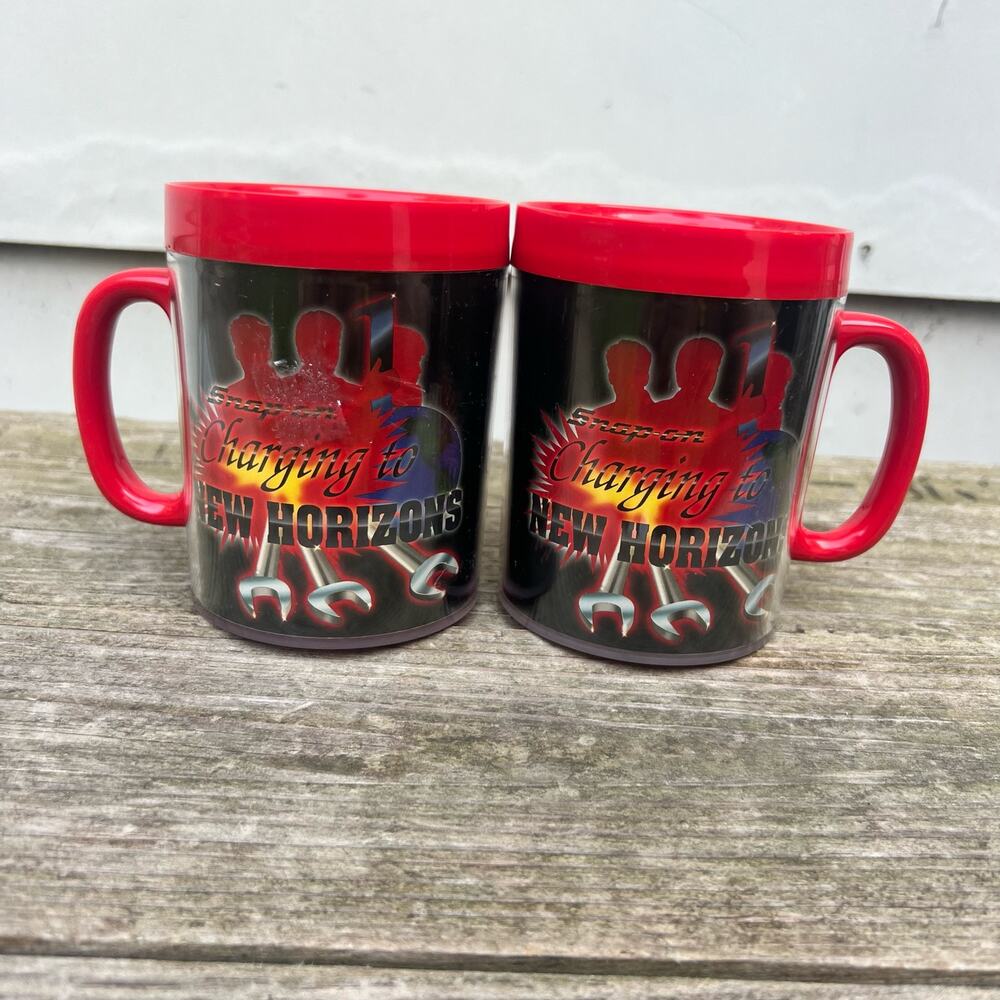 Vintage 90s Snap-on Tools ThermoServ Charging to New Horizons Coffee Mug Set 2